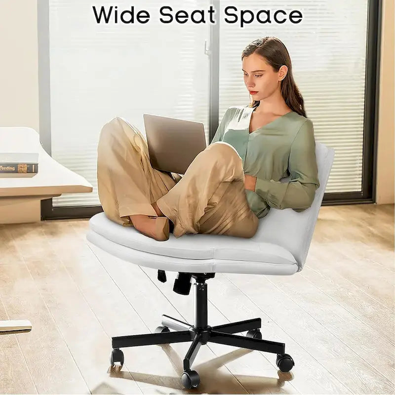Chaise Bossin Criss Cross avec roulettes, chaise de bureau sans accoudoirs en cuir PU avec pieds croisés, chaise de bureau/coiffeuse réglable à assise large