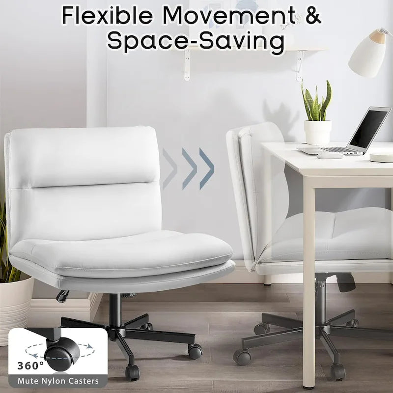 Chaise Bossin Criss Cross avec roulettes, chaise de bureau sans accoudoirs en cuir PU avec pieds croisés, chaise de bureau/coiffeuse réglable à assise large