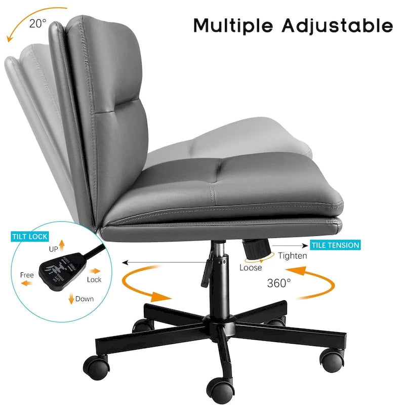 Chaise Bossin Criss Cross avec roulettes, chaise de bureau sans accoudoirs en cuir PU avec pieds croisés, chaise de bureau/coiffeuse réglable à assise large