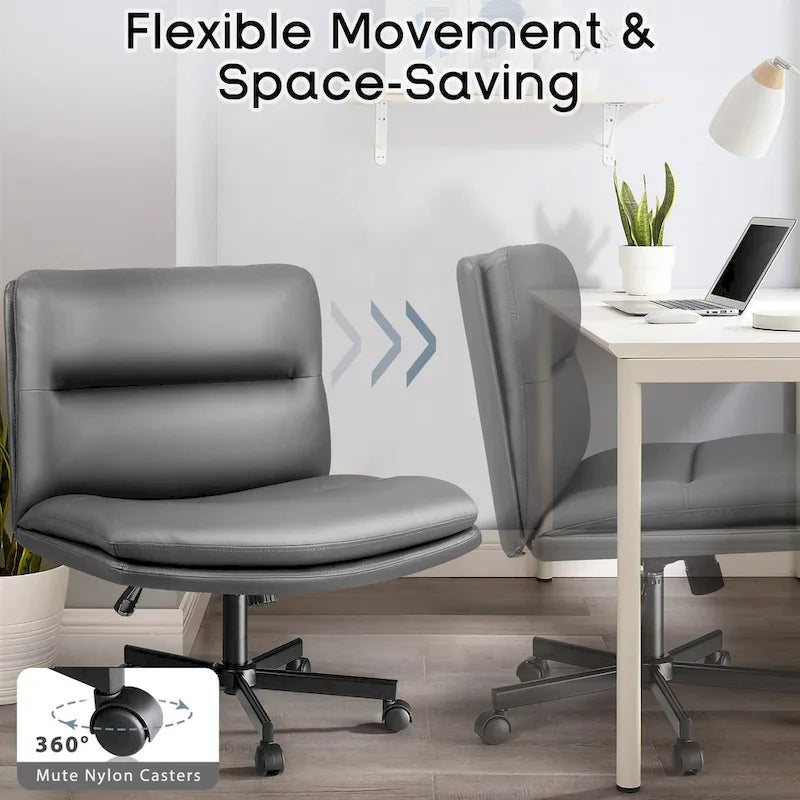 Chaise Bossin Criss Cross avec roulettes, chaise de bureau sans accoudoirs en cuir PU avec pieds croisés, chaise de bureau/coiffeuse réglable à assise large