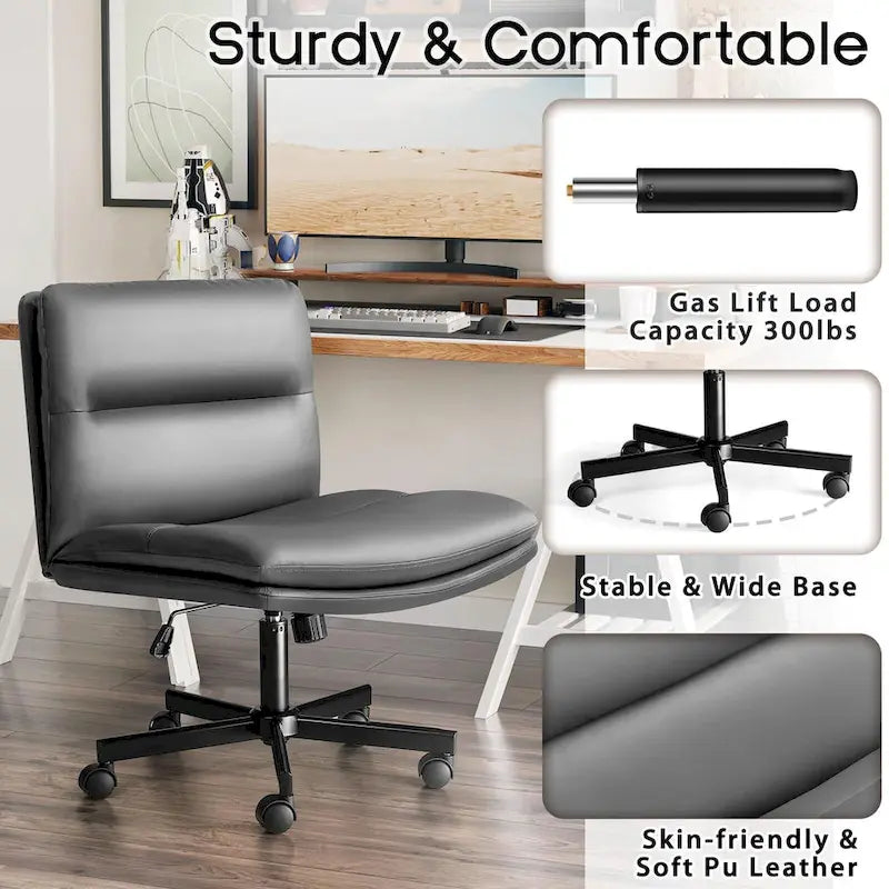 Chaise Bossin Criss Cross avec roulettes, chaise de bureau sans accoudoirs en cuir PU avec pieds croisés, chaise de bureau/coiffeuse réglable à assise large