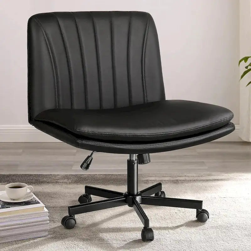 Chaise Bossin Criss Cross avec roulettes, chaise de bureau sans accoudoirs en cuir PU avec pieds croisés, chaise de bureau/coiffeuse réglable à assise large