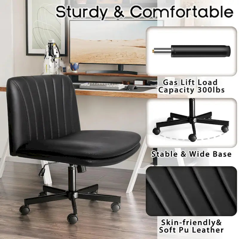 Chaise Bossin Criss Cross avec roulettes, chaise de bureau sans accoudoirs en cuir PU avec pieds croisés, chaise de bureau/coiffeuse réglable à assise large
