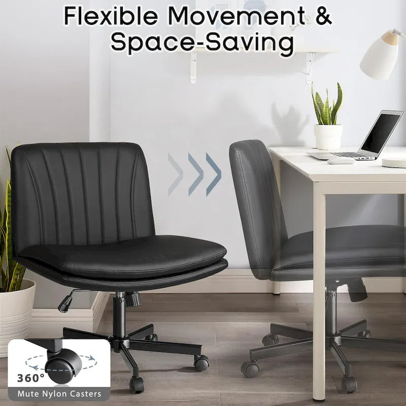 Chaise Bossin Criss Cross avec roulettes, chaise de bureau sans accoudoirs en cuir PU avec pieds croisés, chaise de bureau/coiffeuse réglable à assise large