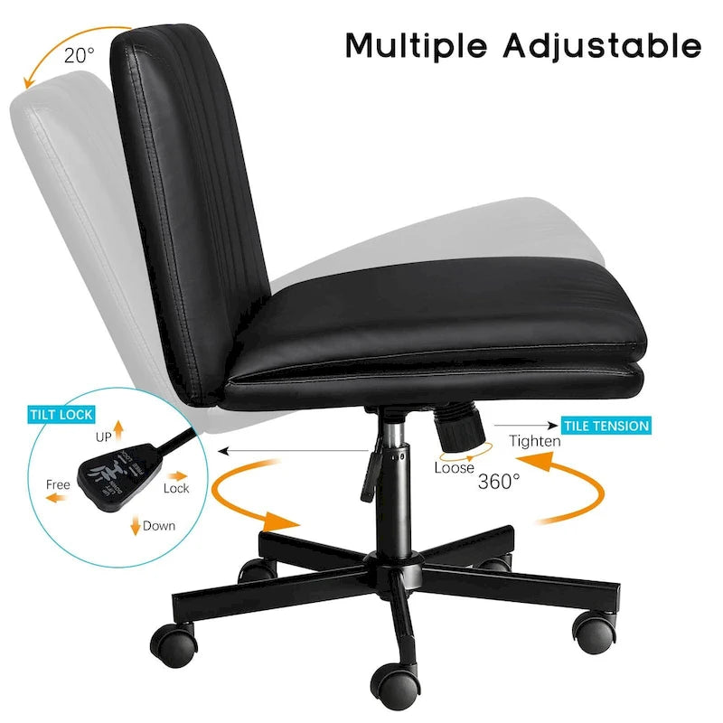 Chaise Bossin Criss Cross avec roulettes, chaise de bureau sans accoudoirs en cuir PU avec pieds croisés, chaise de bureau/coiffeuse réglable à assise large
