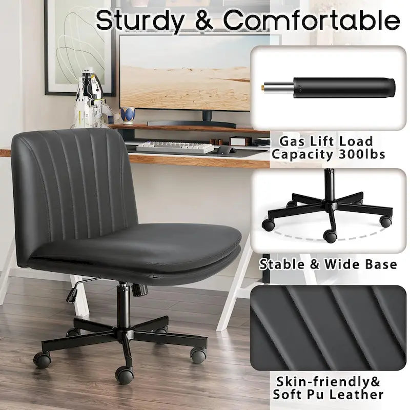 Chaise Bossin Criss Cross avec roulettes, chaise de bureau sans accoudoirs en cuir PU avec pieds croisés, chaise de bureau/coiffeuse réglable à assise large