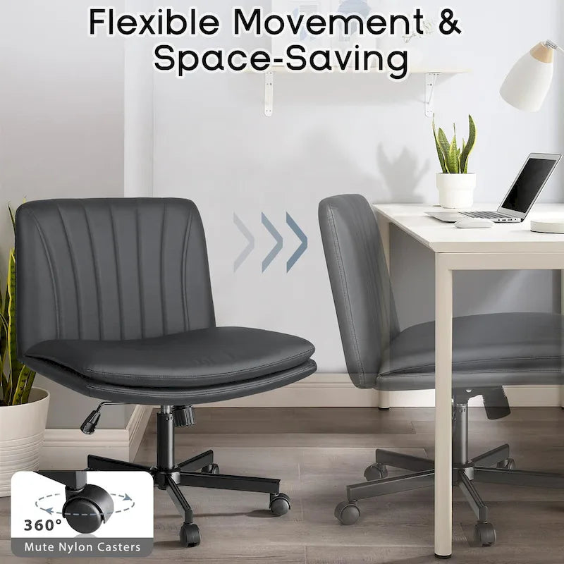Chaise Bossin Criss Cross avec roulettes, chaise de bureau sans accoudoirs en cuir PU avec pieds croisés, chaise de bureau/coiffeuse réglable à assise large