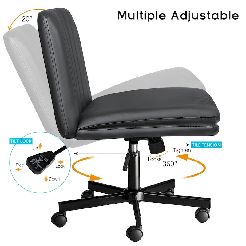 Chaise Bossin Criss Cross avec roulettes, chaise de bureau sans accoudoirs en cuir PU avec pieds croisés, chaise de bureau/coiffeuse réglable à assise large