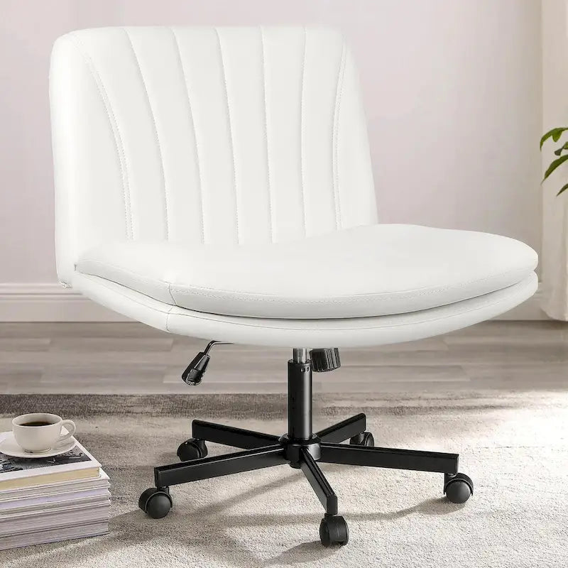 Chaise Bossin Criss Cross avec roulettes, chaise de bureau sans accoudoirs en cuir PU avec pieds croisés, chaise de bureau/coiffeuse réglable à assise large