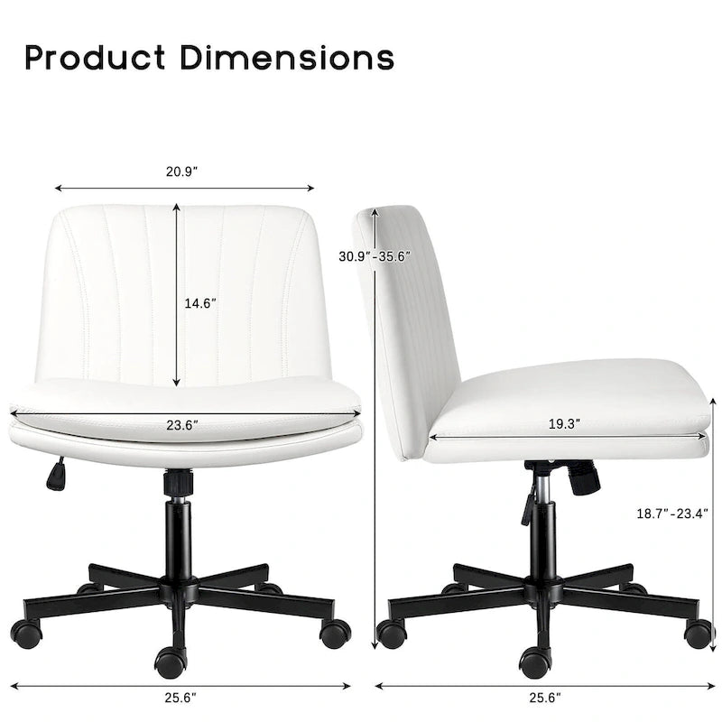 Chaise Bossin Criss Cross avec roulettes, chaise de bureau sans accoudoirs en cuir PU avec pieds croisés, chaise de bureau/coiffeuse réglable à assise large