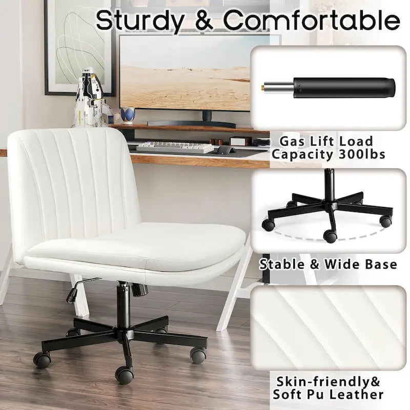 Chaise Bossin Criss Cross avec roulettes, chaise de bureau sans accoudoirs en cuir PU avec pieds croisés, chaise de bureau/coiffeuse réglable à assise large