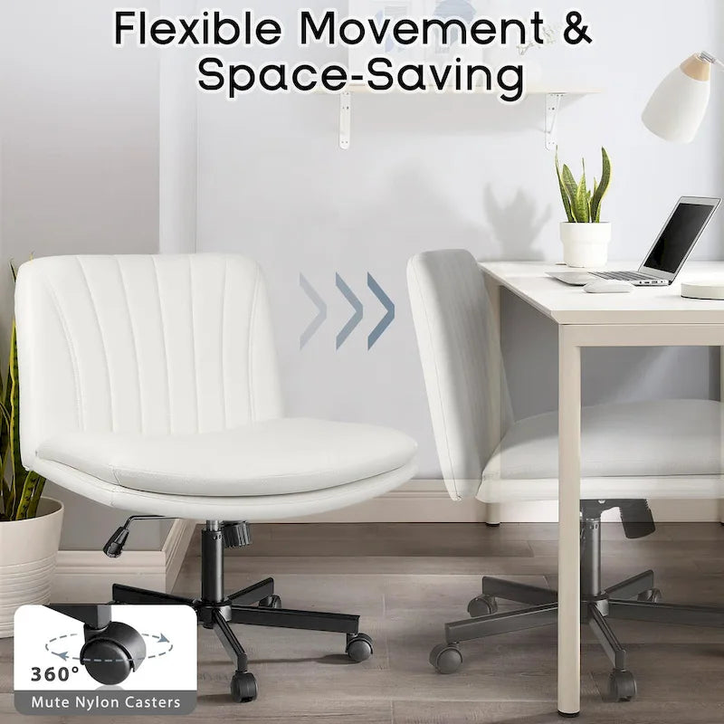 Chaise Bossin Criss Cross avec roulettes, chaise de bureau sans accoudoirs en cuir PU avec pieds croisés, chaise de bureau/coiffeuse réglable à assise large