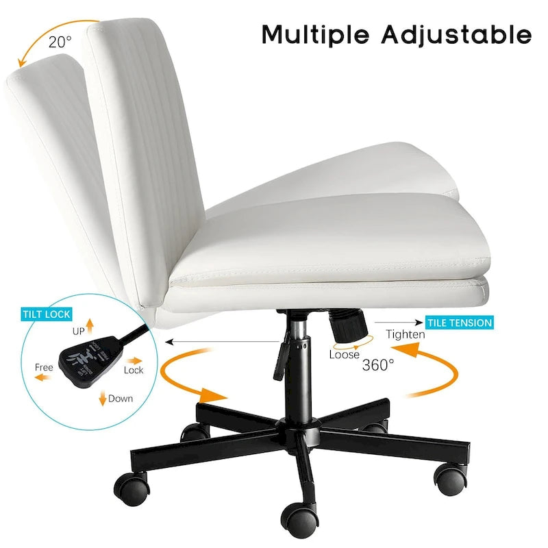 Chaise Bossin Criss Cross avec roulettes, chaise de bureau sans accoudoirs en cuir PU avec pieds croisés, chaise de bureau/coiffeuse réglable à assise large
