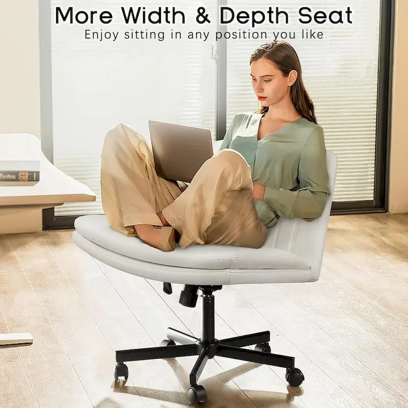 Chaise Bossin Criss Cross avec roulettes, chaise de bureau sans accoudoirs en cuir PU avec pieds croisés, chaise de bureau/coiffeuse réglable à assise large